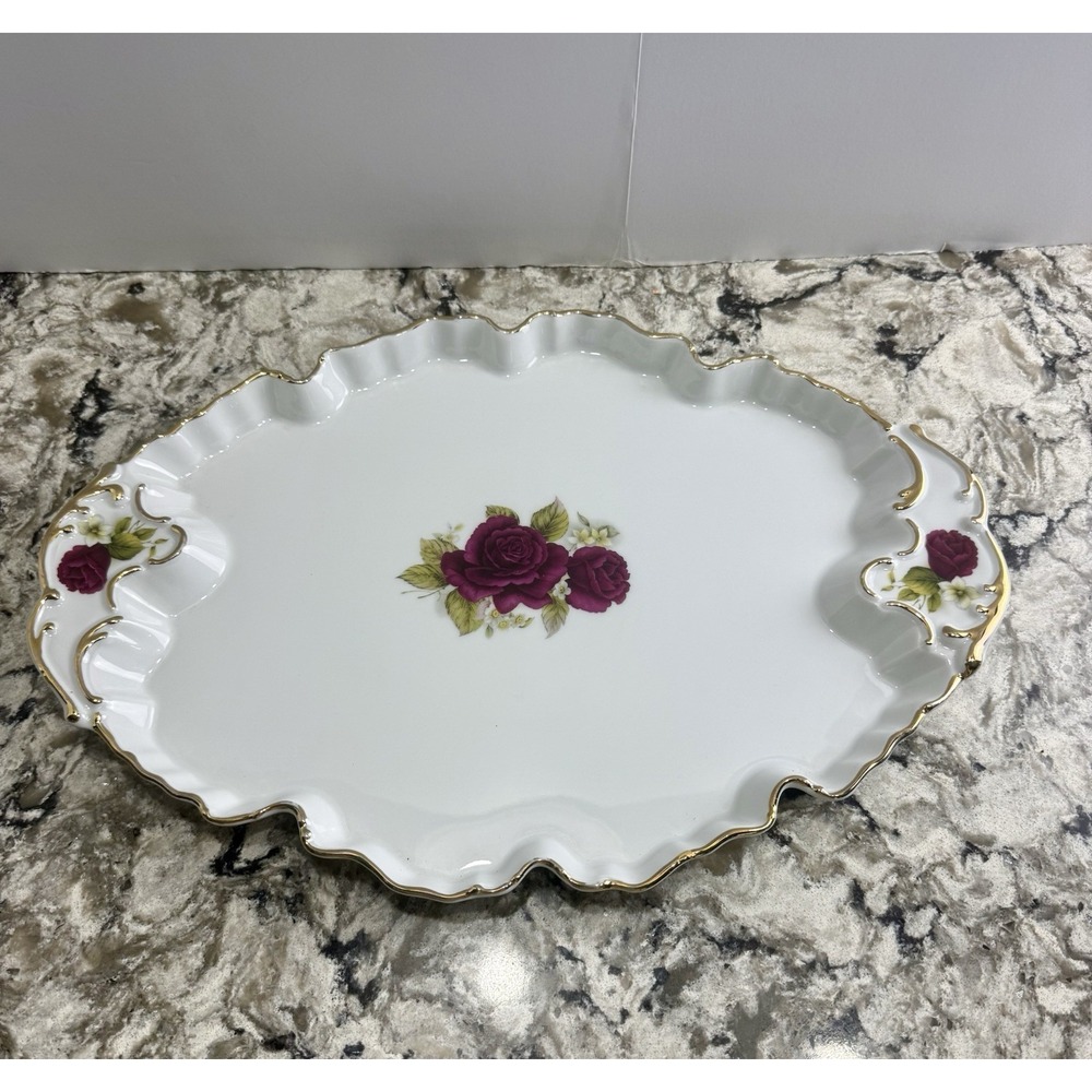 STUNNING Haas & Czjek Fine Porcelain Handmade Platter Free Form Gold Lined Rose